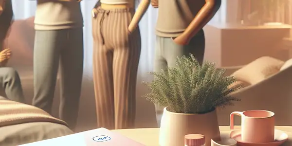 A cozy bedroom scene with diverse adults discussing contraception, featuring contraceptive products and a nurturing atmosphere.