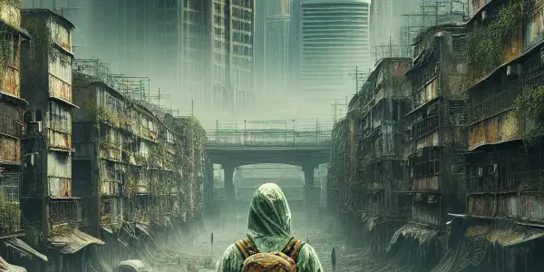 A solitary figure in tattered gear surveys a post-apocalyptic cityscape overrun by vegetation and shadows of danger.