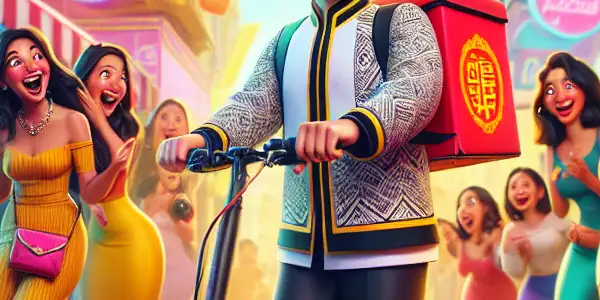 A cheerful delivery man on an electric scooter surrounded by amused women in a vibrant urban setting.