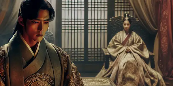 A royal chamber scene featuring a troubled king, a determined captain, and a mysterious queen, set in the Goryeo Dynasty.