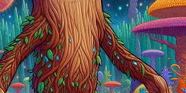 Groot and Rocket Raccoon in a vibrant alien forest, surrounded by colorful flora and a cosmic backdrop.