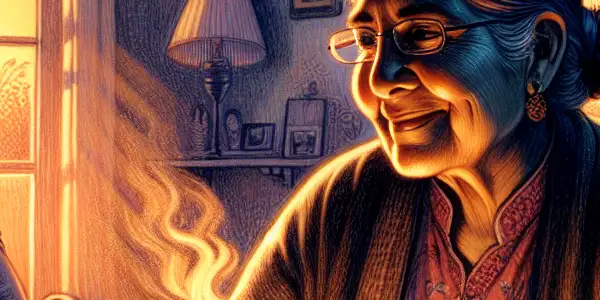 A middle-aged woman with a warm smile, surrounded by family photos, tea, and a sunset-lit cozy living room.