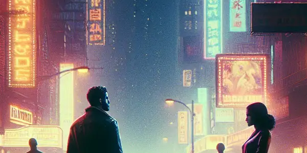 A rainy Hong Kong street at night, featuring two lonely figures lost in thought amidst neon lights and reflections.