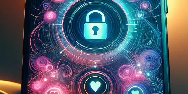 A futuristic smartphone interface for private exploration, featuring security icons in a cozy, dimly lit room.