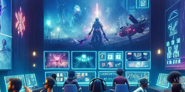 A vibrant gaming lounge featuring diverse gamers engaged in immersive experiences with colorful screens and interactive elements.