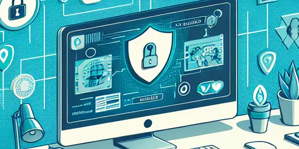 A futuristic computer setup illustrating safe adult content uploading with security icons and informative infographics.