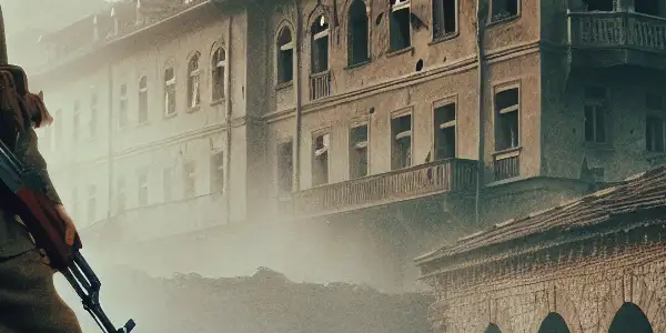 Walter, a guerrilla fighter, stands determined in besieged Sarajevo, surrounded by war-torn buildings and lurking dangers.