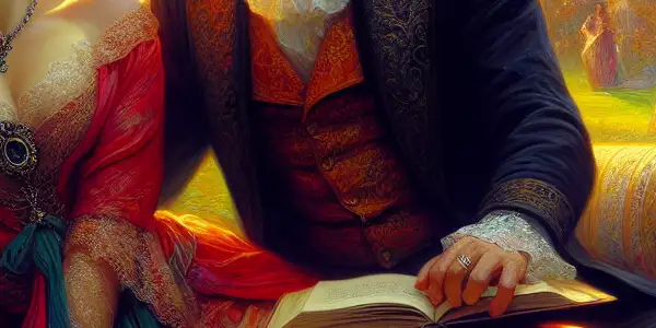 A romantic moment between two elegantly dressed characters in a sunlit garden, filled with flowers and literary hints.