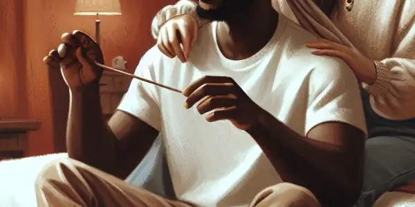 A playful couple explores intimacy in a softly lit bedroom, enhancing their connection through sensory experiences.