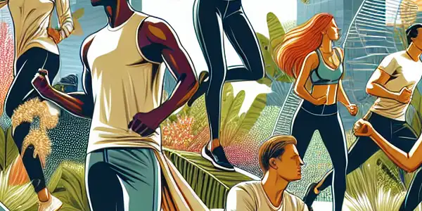 A lively urban park scene with diverse individuals exercising and using health supplements, surrounded by ginseng and maca plants.