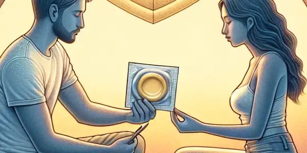 A serene illustration of two adults practicing safe, consensual intimacy in a caring environment with health symbols.