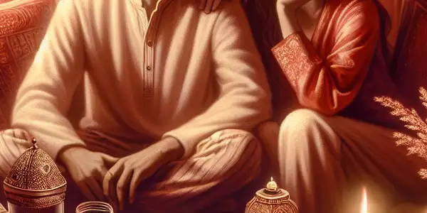 A cozy, intimate bedroom scene featuring a couple sharing a warm, trusting moment amidst elegant decor and soft lighting.