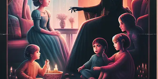 A split movie poster contrasting a warm family scene with a loving stepmother and a sinister, shadowy stepmother.