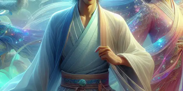 A whimsical fantasy landscape featuring a heroic man and a magical woman amid floating islands and vibrant flowers.