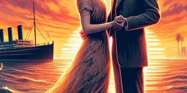 A passionate couple on a vintage ship's bow, with a sunset and a vibrant Los Angeles skyline in the background.