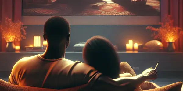 A cozy living room with a couple watching a film, surrounded by warm lighting and Japanese decor.