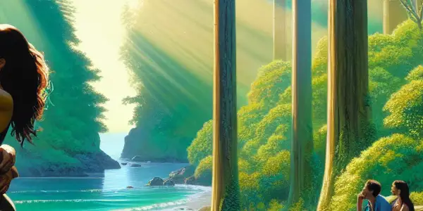 A couple embraces passionately in a sunlit forest, surrounded by wildflowers, with a serene beach in the background.