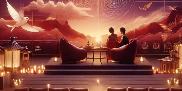 A luxurious cinema setting showcasing a film screening with Japanese cultural elements, evoking romance and excitement.