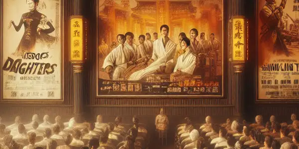A nostalgic vintage movie theater scene with diverse viewers, classic film posters, and traditional Chinese cultural elements.