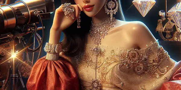 A glamorous actress poses on a luxurious film set, illuminated by dazzling lights and diamond motifs.