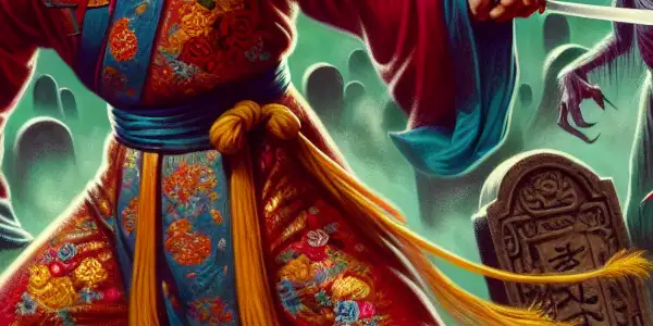 Lin Zhengying as a zombie-fighting Taoist priest in a misty graveyard with playful spirits and ancient tombstones.