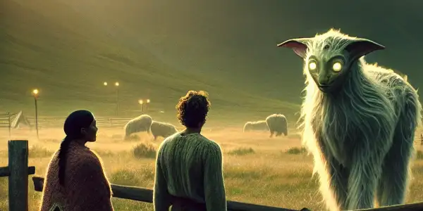 A half-human, half-sheep creature stands before an emotional couple on a rustic farm under a dramatic sky.
