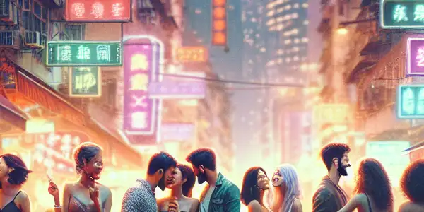 Lively nightlife scene in Hong Kong's Lan Kwai Fong, featuring friends, neon lights, and romantic moments.