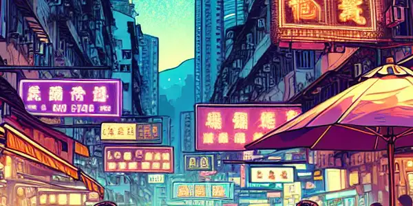 A lively night scene in Lan Kwai Fong, featuring diverse friends enjoying drinks and dancing under neon lights.