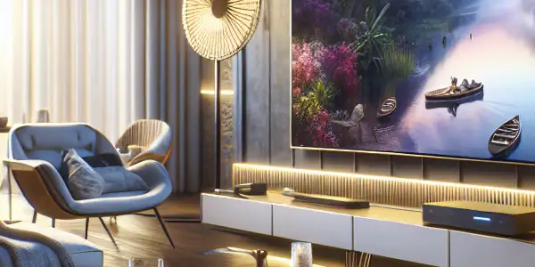 A cozy modern living room with a high-definition TV displaying a romantic animated scene, snacks, and warm lighting.