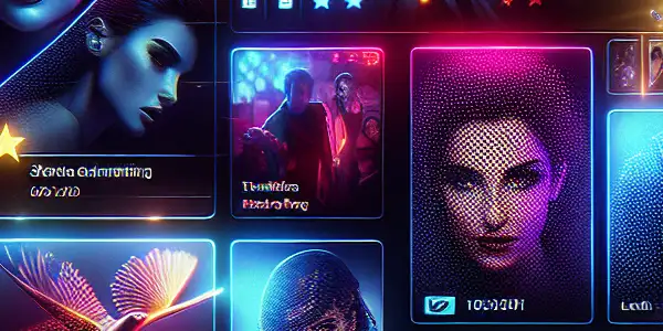 A sleek digital interface showcasing enticing adult film thumbnails with neon accents and interactive user features.