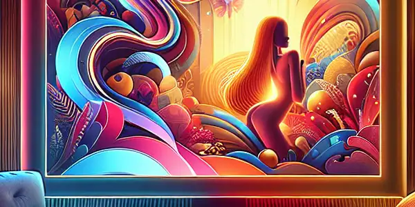 A modern living room featuring a high-definition screen with abstract representations of adult films and a promotional coupon.