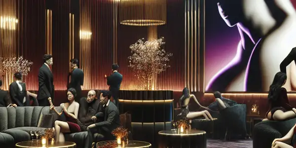 A luxurious VIP lounge with stylish patrons enjoying drinks, ambient lighting, and abstract visuals creating an intimate atmosphere.