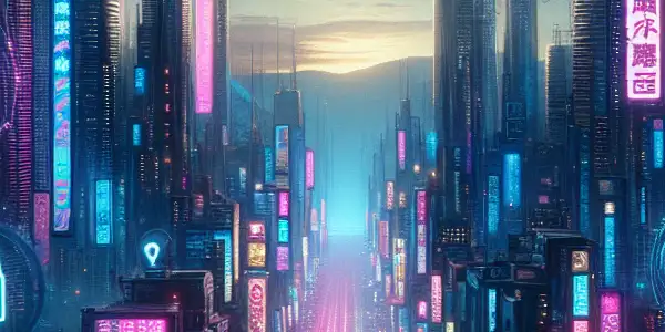 A futuristic cyberpunk cityscape at night, showcasing neon lights and a digital interface for Japanese adult film resources.