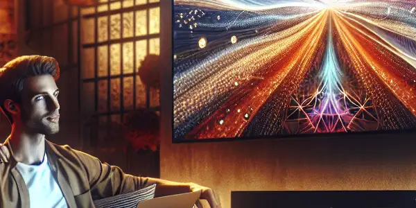 A young couple relaxes in a cozy living room, enjoying high-definition adult films on a large TV.