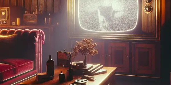 A nostalgic retro living room featuring vintage furniture, a classic TV, and adult film memorabilia.