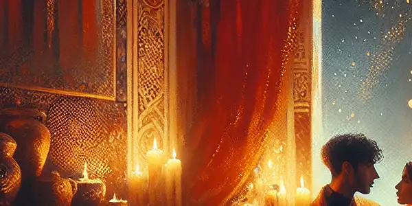 A couple in a cozy, dimly lit room sharing a tender embrace, surrounded by warm colors and intimate decor.<a href=