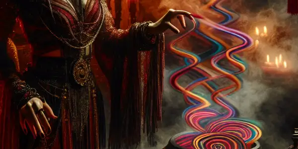 A Southeast Asian sorceress performs a dark ritual in a dimly lit room filled with mystical artifacts and ominous vials.