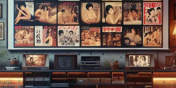 A modern film archive showcasing vintage Japanese adult films with elegant DVD covers and a nostalgic atmosphere.