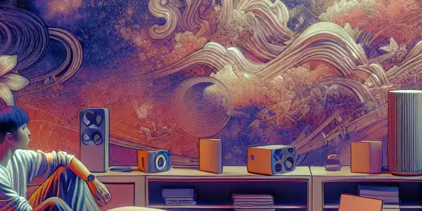 A cozy private viewing area featuring a relaxed individual surrounded by modern gadgets and ambient lighting.