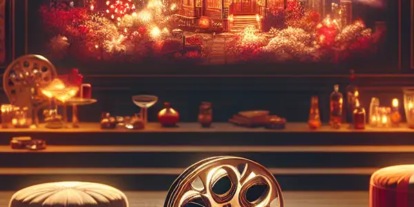 A cozy living room with a vintage projector displaying intimate scenes, surrounded by film reels and snacks.