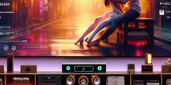 A modern living room with a large TV, cozy sofa, and advanced gadgets for watching Japanese AV films.