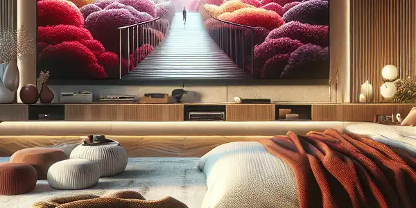 A cozy modern living room with a plush bed, ambient lighting, and a sleek media console displaying abstract art.