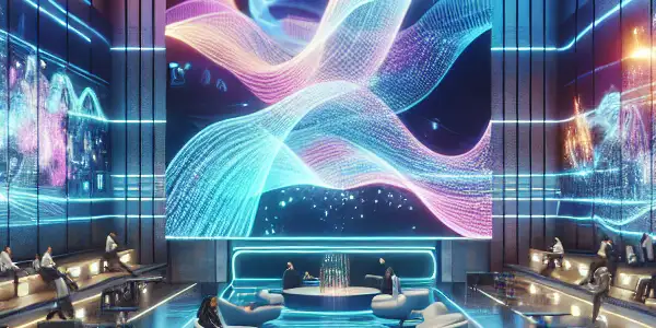 A futuristic digital library dedicated to adult entertainment, featuring glowing screens, interactive displays, and diverse users in a vibrant atmosphere.