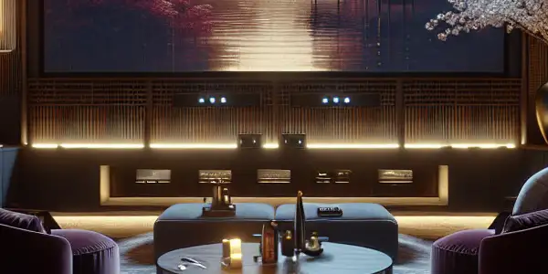 A luxurious and intimate home theater setting for adult film viewing, featuring plush seating and ambient lighting.