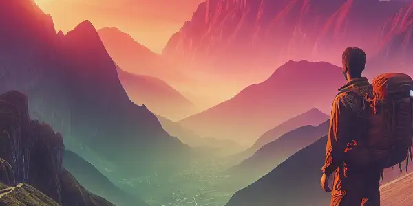 A solitary traveler gazes at majestic mountains under a vibrant sunset, symbolizing a journey of self-discovery.