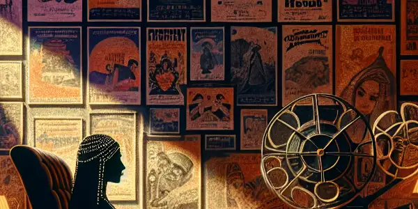 A dimly lit room filled with vintage movie posters, featuring a silhouette watching abstract imagery on a glowing screen.