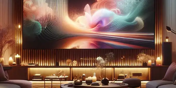 A cozy room featuring elegant personal passion products and a vibrant abstract display, creating an inviting atmosphere for exploration.