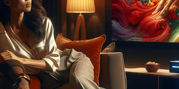 A cozy living room scene with a couple enjoying an immersive adult film experience on a high-definition screen.