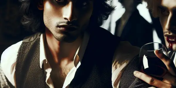 Two vampires, Louis and Lestat, share an intense gaze in a dimly lit gothic room filled with eerie shadows.