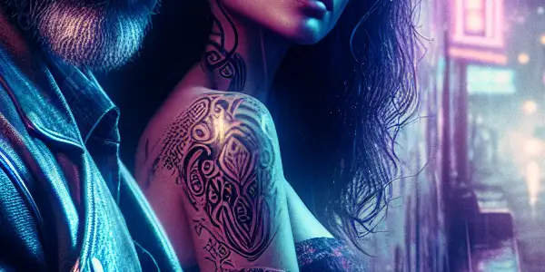 A rugged bad boy leans against a graffiti wall, accompanied by a mysterious woman in a moody, neon-lit urban landscape.